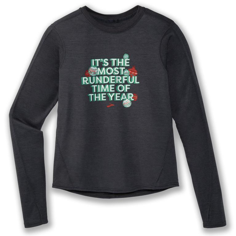 Brooks Run Merry Run Dist. Graphic LS Long Sleeve Running Shirt - Women's - Heather Asphalt/Runderfu